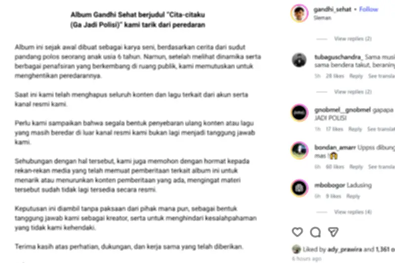 Album Gandhi Sehat 'Cita-citaku (Ga Jadi Polisi)' Ditarik dari Peredaran