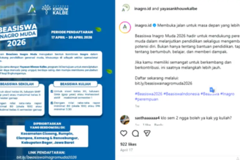 Beasiswa Inagro Muda 2026 untuk Perempuan di Kabupaten, Daftar Hingga 30 April