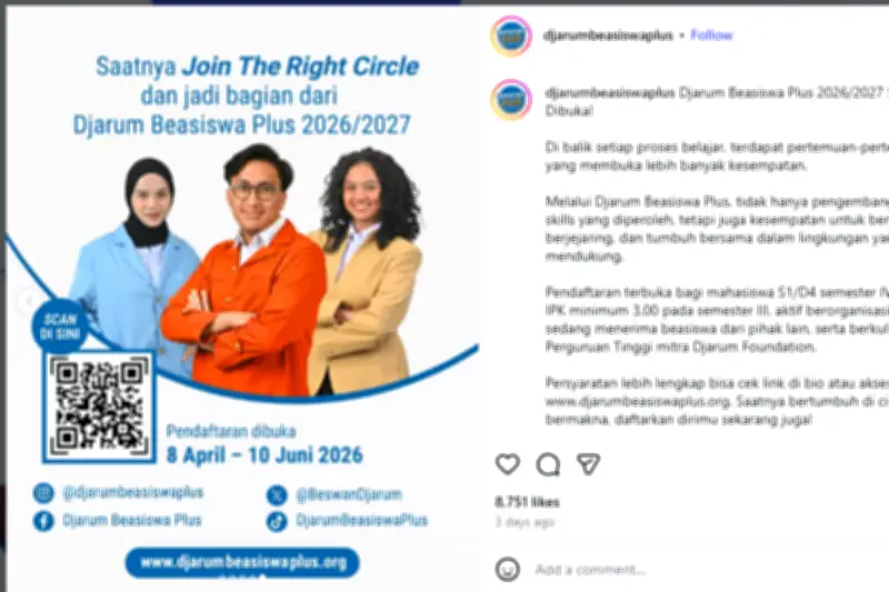 Djarum Buka Beasiswa Plus 2026 untuk Mahasiswa D4/S1, Syarat IPK Minimal 3,00