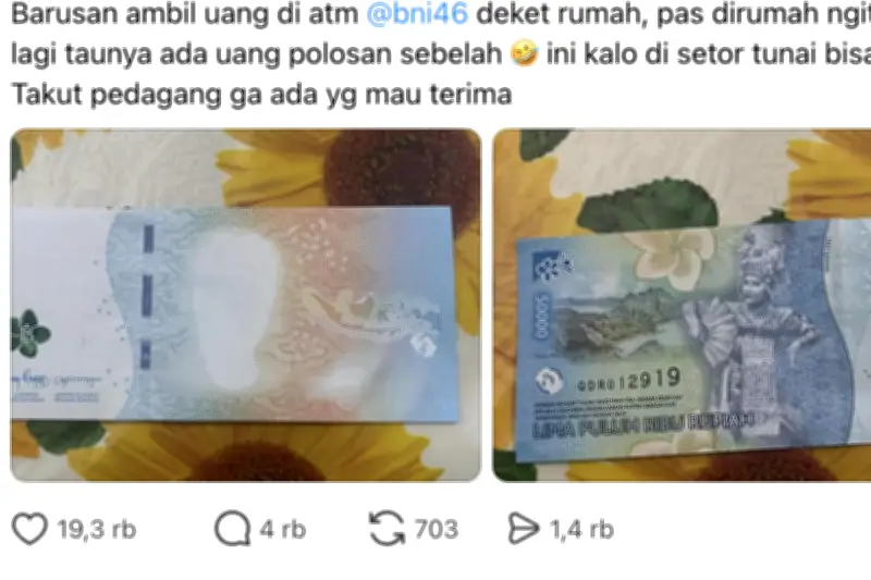 Uang Rp 50.000 dari ATM BNI Tidak Tercetak Sempurna, Warganet Ramai Mengeluh