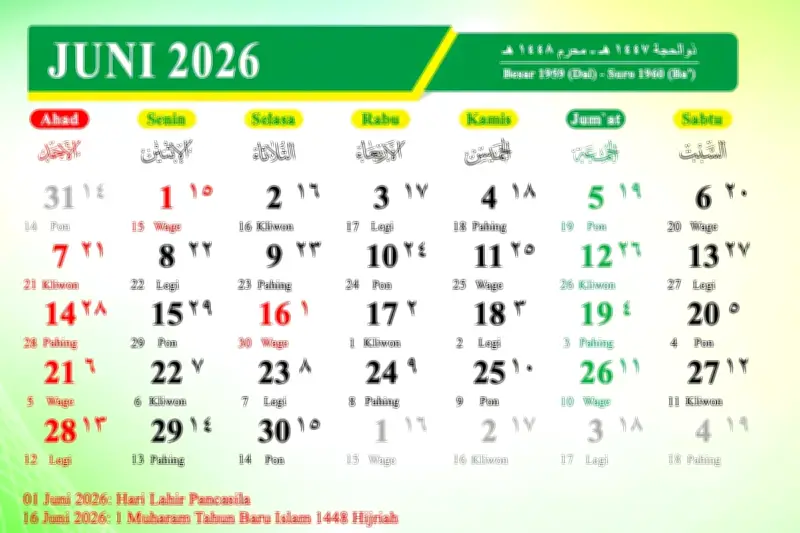 Ini Daftar Tanggal Merah Juni 2026, Ada Dua Hari Libur Nasional