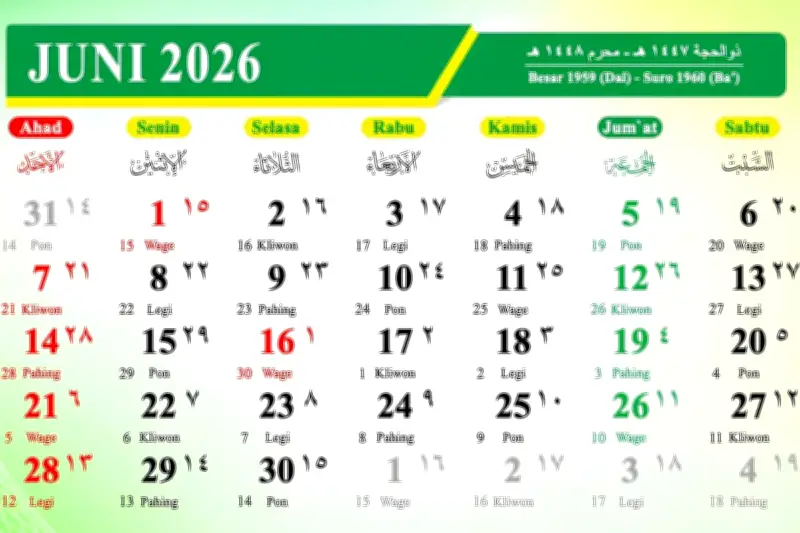 Kalender Juni 2026: Dua Tanggal Merah Tanpa Cuti Bersama