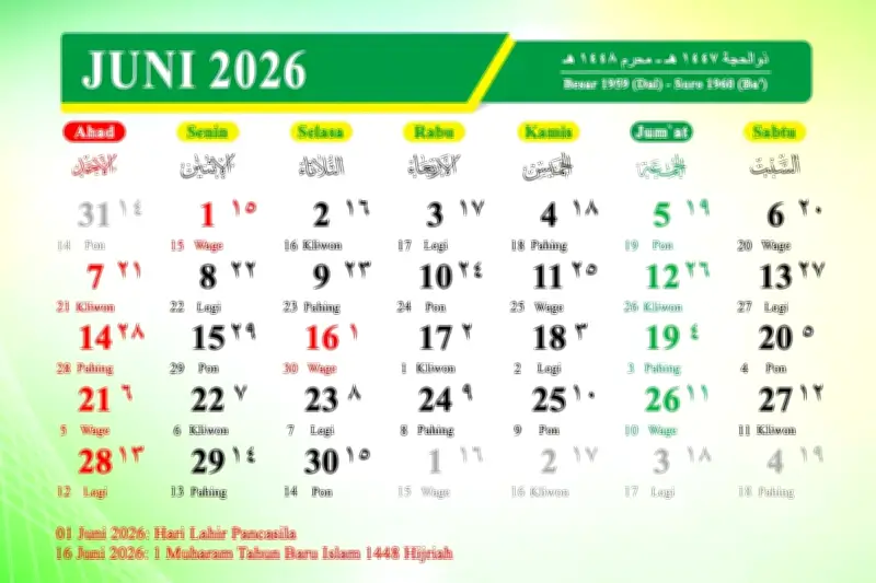 Kalender Juni 2026: Tanggal Merah, Libur Nasional, dan Long Weekend