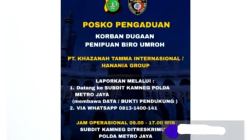 Polisi Buka Posko Pengaduan Korban Penipuan Umrah Hanania Group