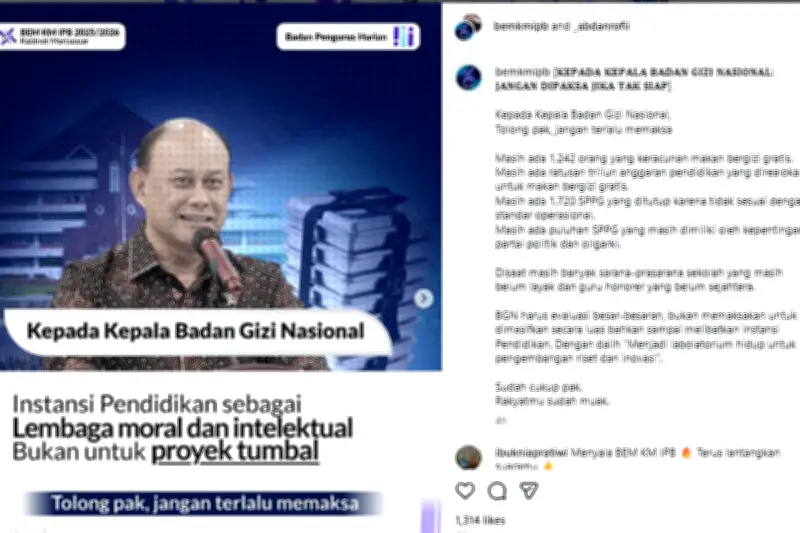 Tolak Kampus Jadi Dapur MBG, Presma BEM IPB ke Ketua BGN: Jangan Terlalu