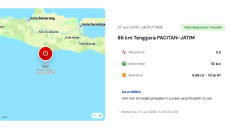 Gempa Magnitudo 5,6 Guncang Pacitan, BMKG: Tak Berpotensi Tsunami
