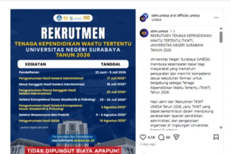 Unesa Buka Lowongan TKWT 2026, Pendaftaran 22 Juni-5 Juli