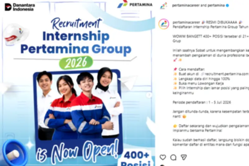 Lowongan Magang Pertamina 2026 Dibuka, 400+ Posisi Tersedia