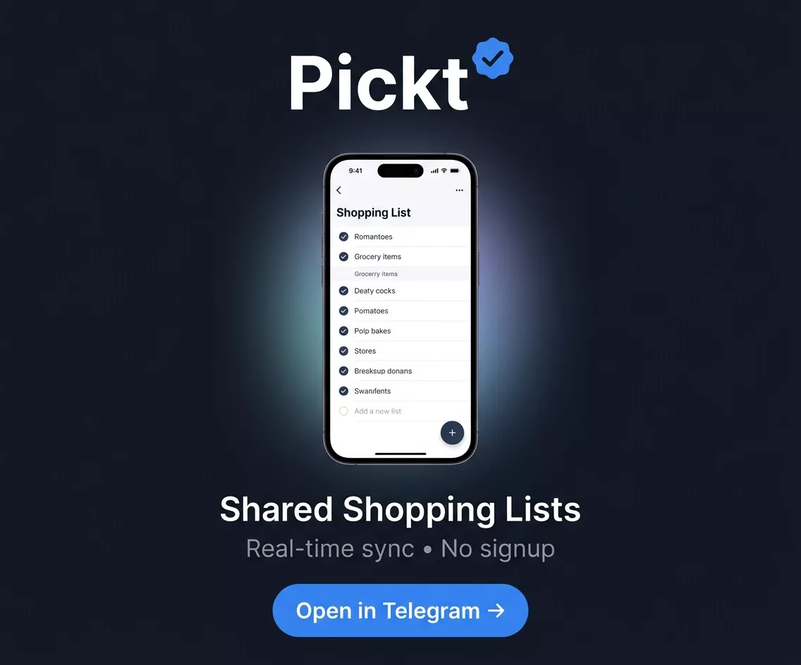 Banner aplikasi Pickt — daftar belanja bersama untuk keluarga dan pasangan di Telegram