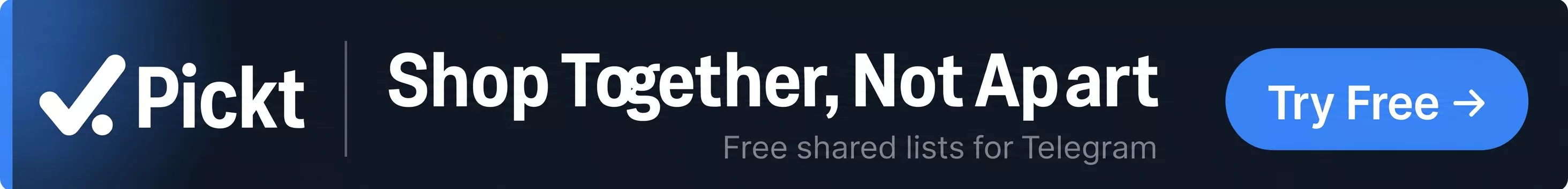Banner lebar Pickt — aplikasi daftar belanja kolaboratif untuk Telegram